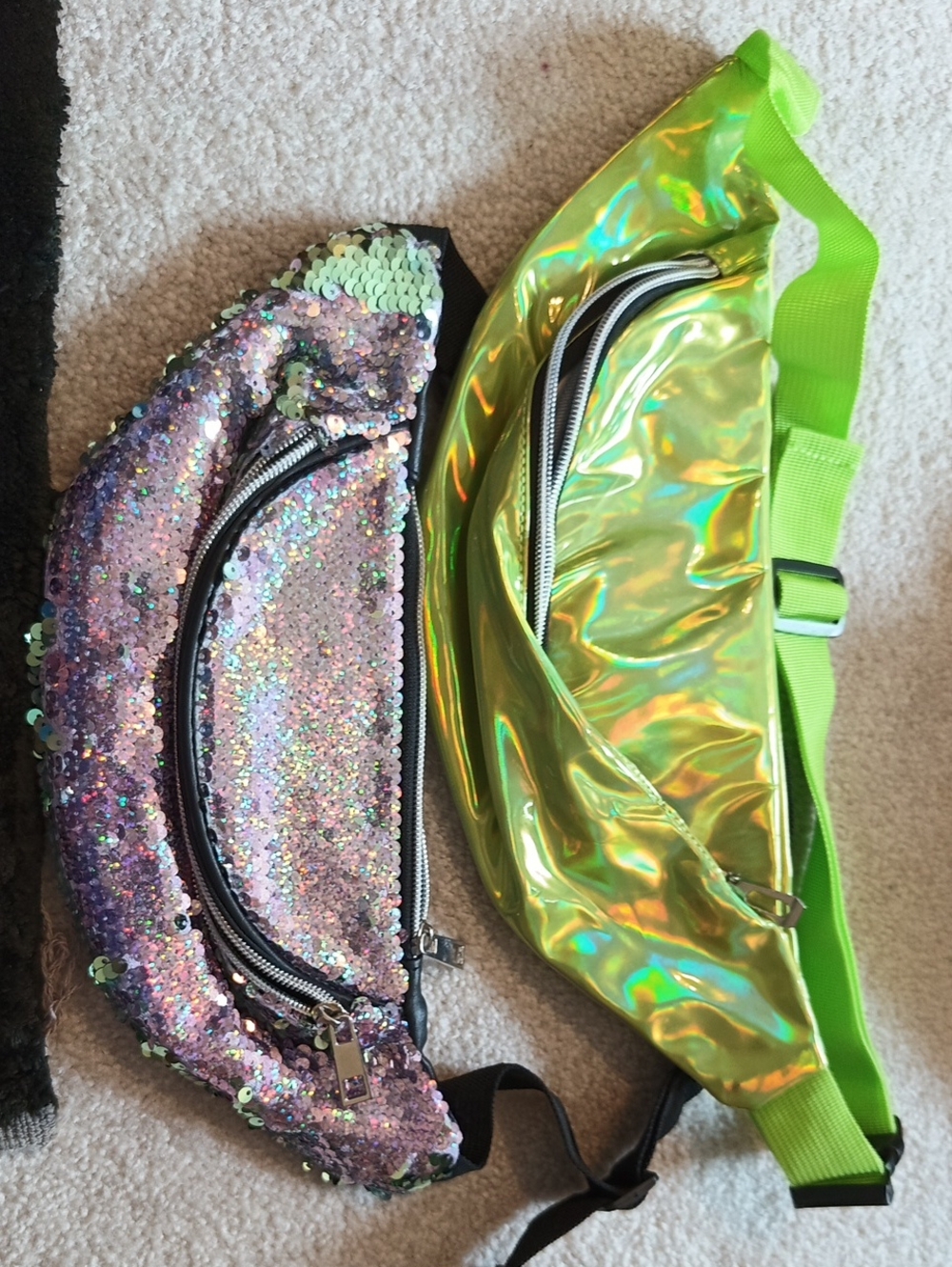 Set - Iridescent Pink Sequin & Holographic Neon Green Fanny pack Belt Bag